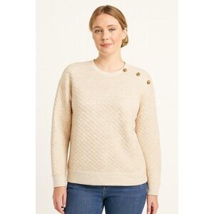 J. Crew Womens Quilted Button Neck Pullover Top Details Beige Comfy Size XL‎